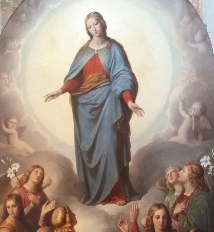 Szűz Mária a mennyben, angyalokkal, liliomokkal